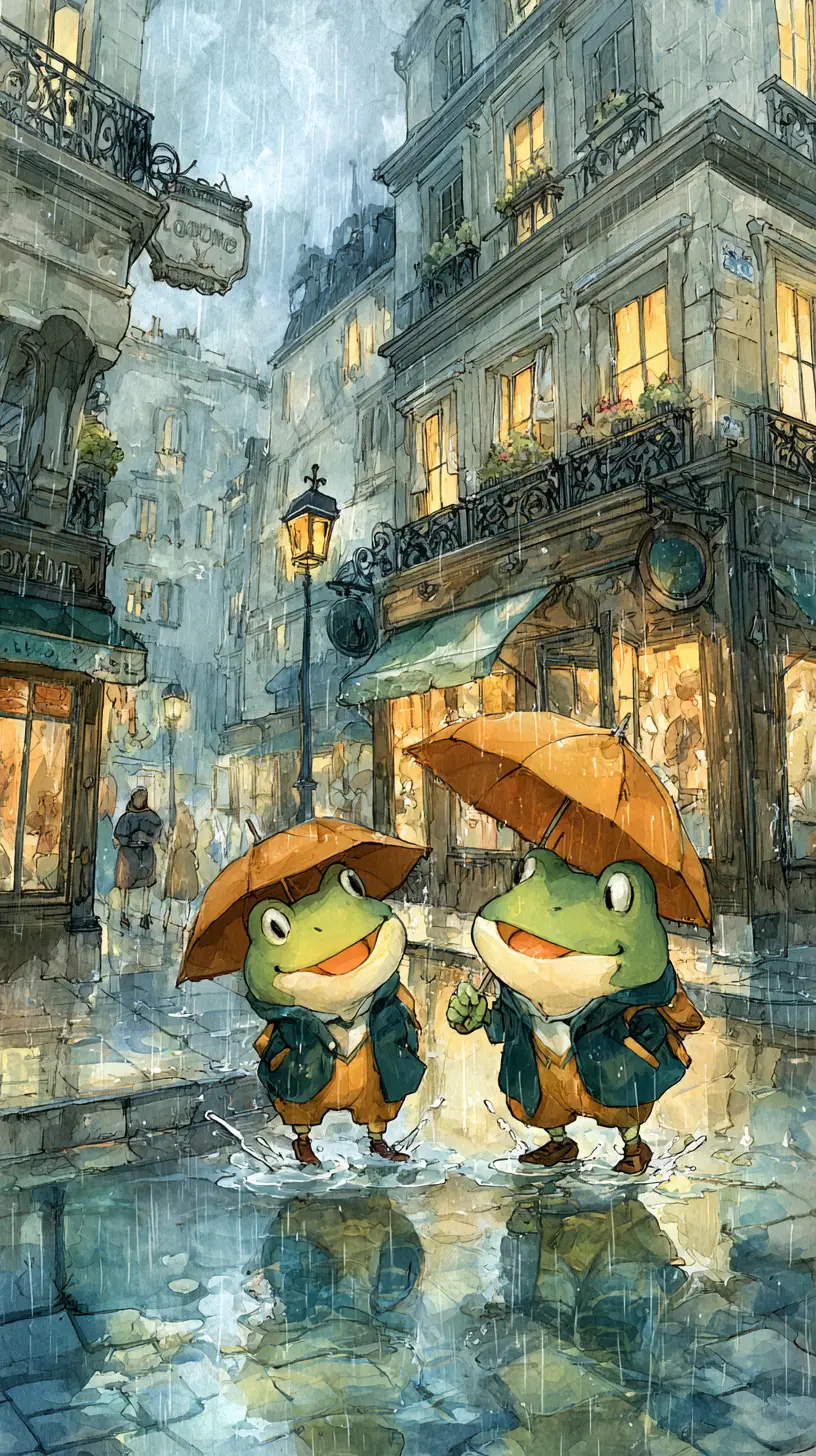 歡快青蛙奔跑在雨中的城市街道