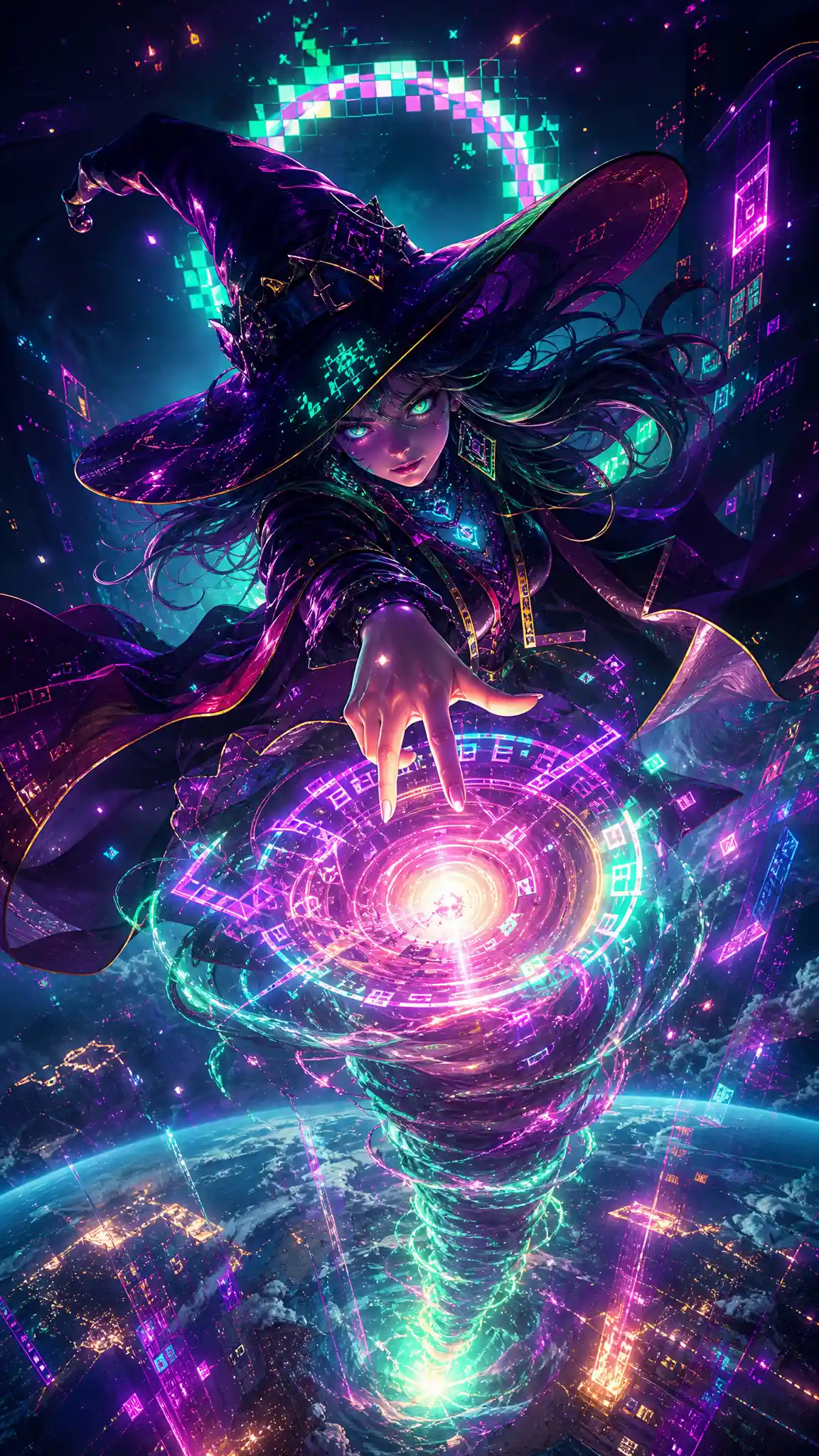 Witch Hovering Over Earth Casting A Neon Tornado Spell