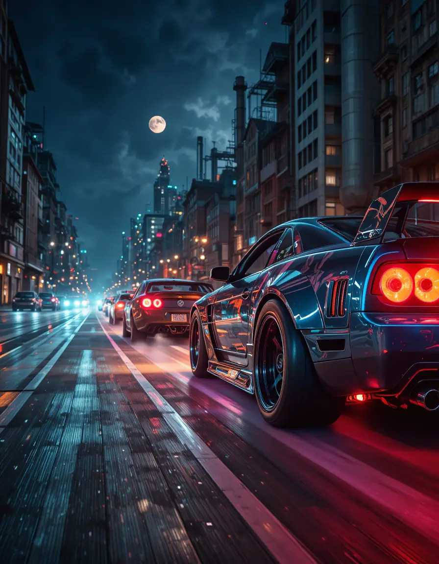 Close up street racing cars with neon glow at night