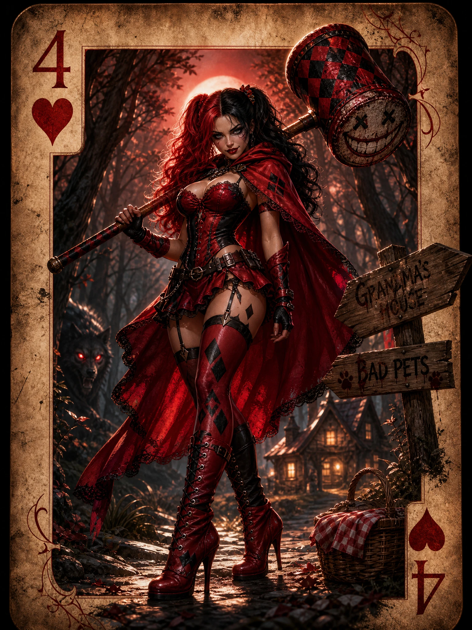 Donna dark fantasy con mazza su un sentiero nel bosco