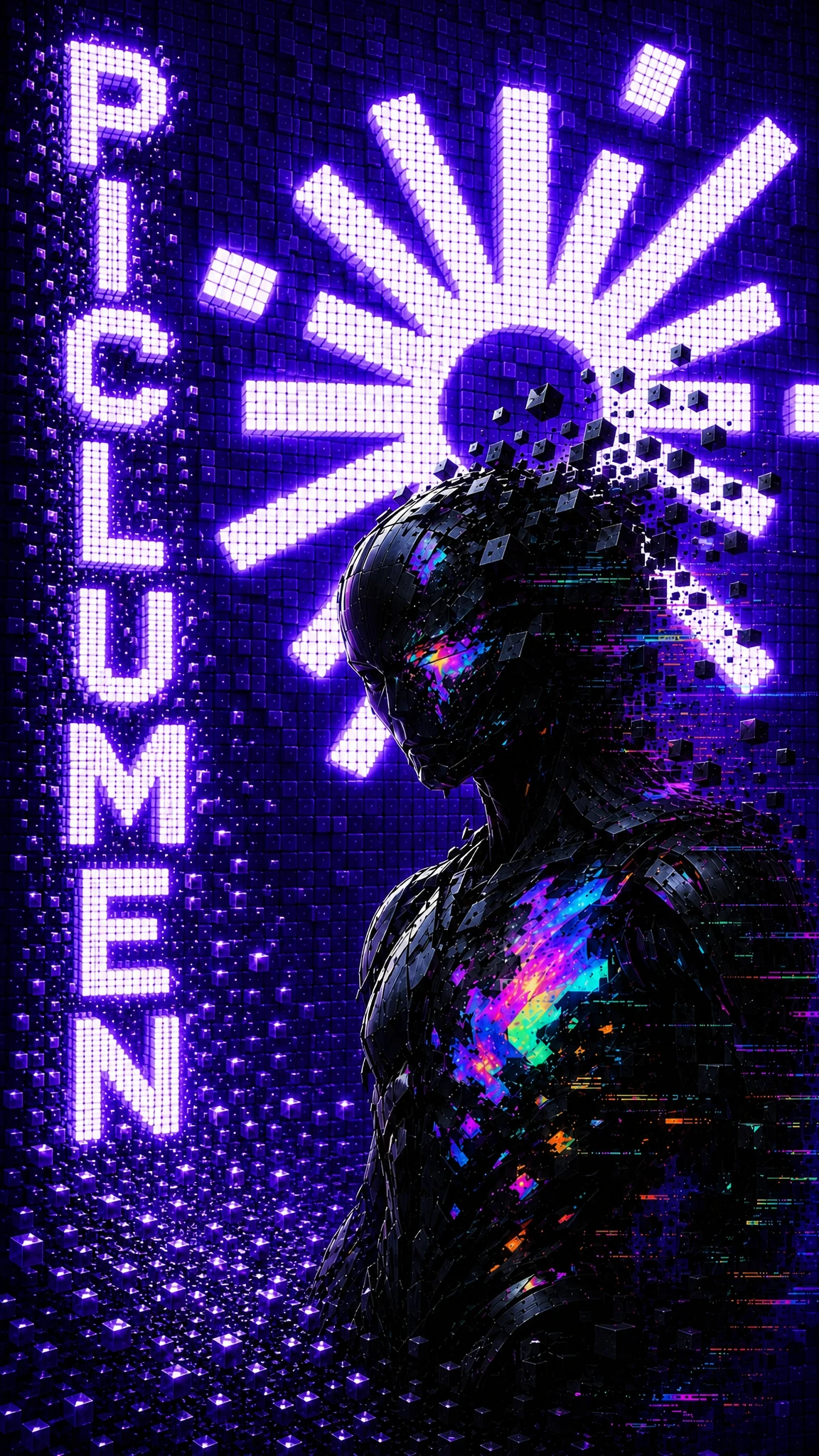 Ciborgue cyberpunk se dissolvendo em parede de voxels brilhantes