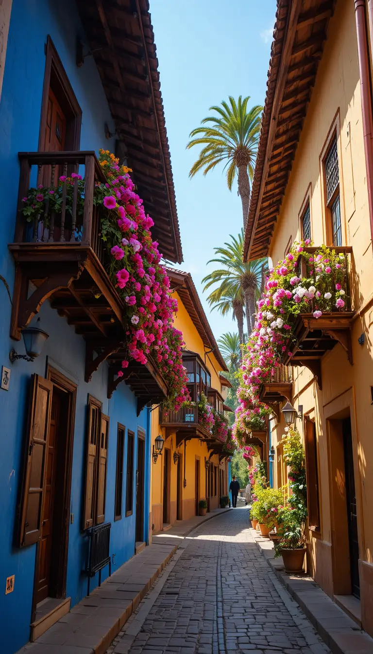 Colorful colonial street with flowers in bright sunlight
