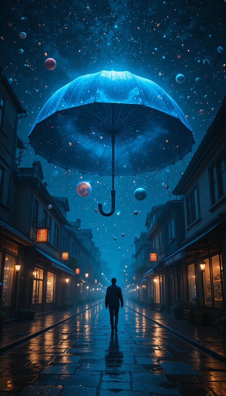 Silhouette on rainy city street under cosmic blue umbrella