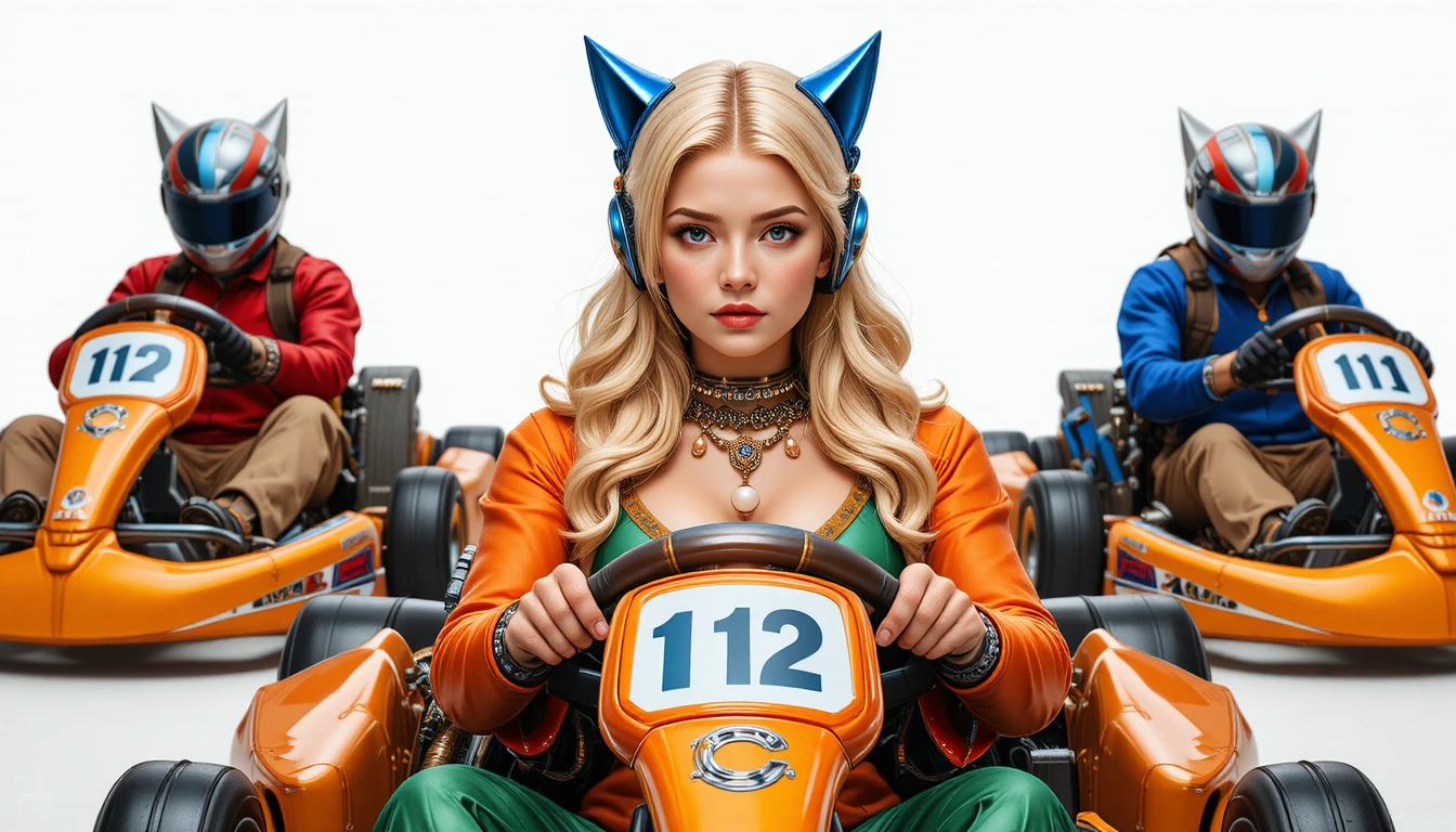 Blonde girl on orange go kart facing the camera