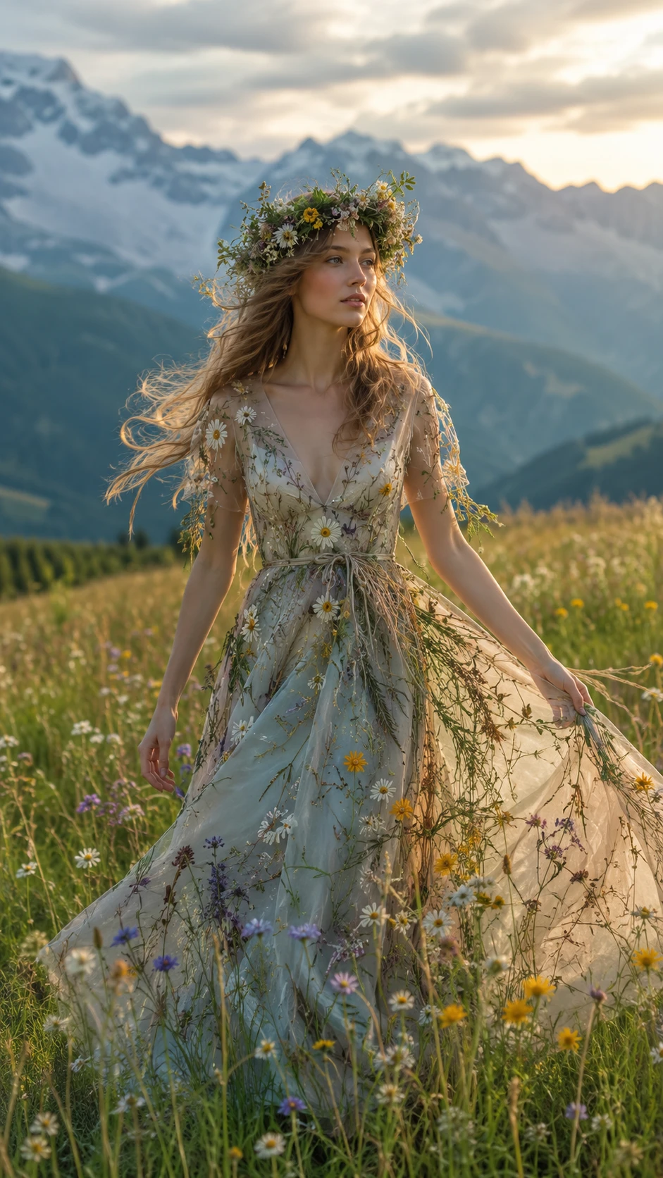 Mulher caminhando por um prado alpino com vestido floral