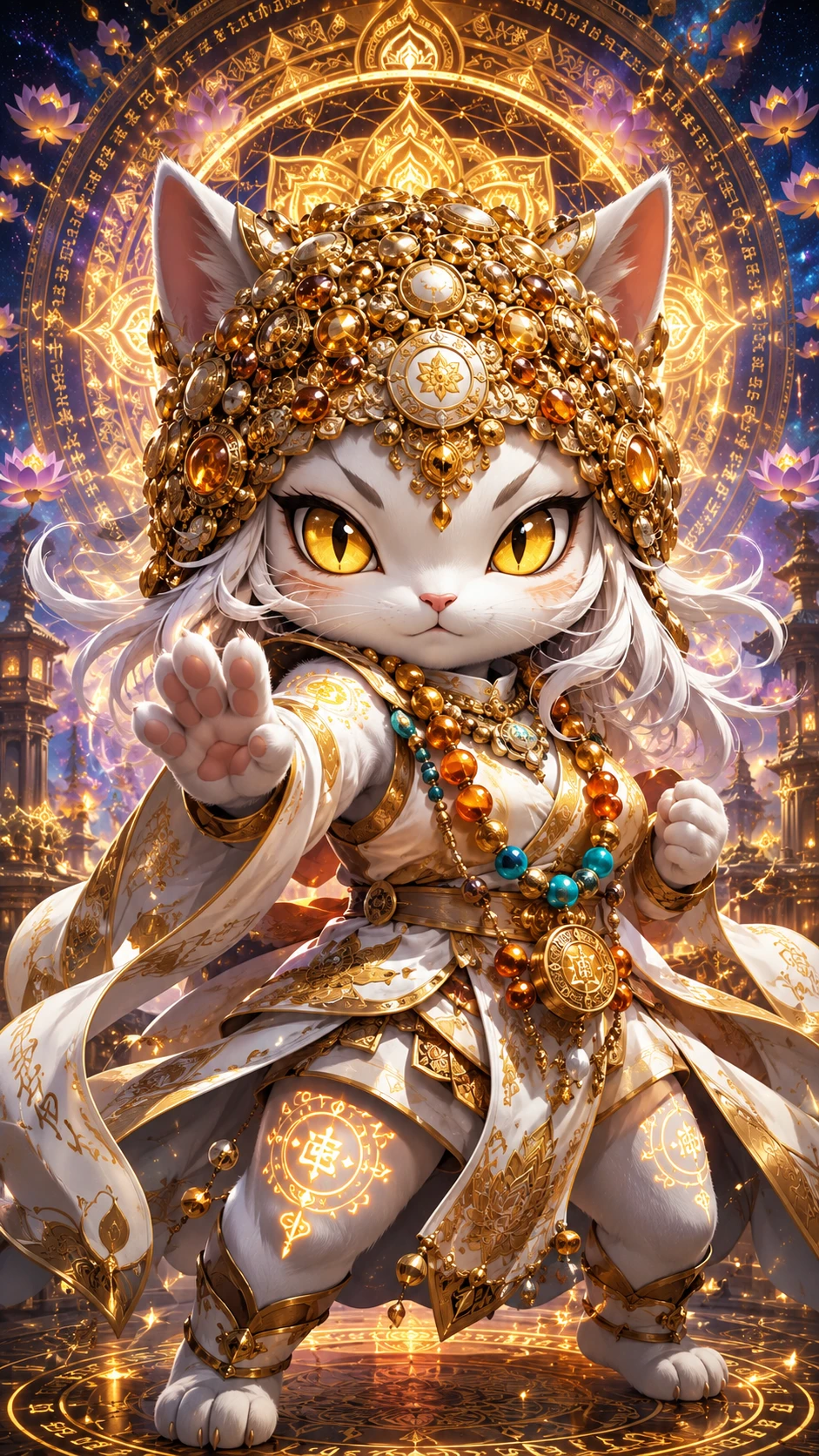 Guerreiro monge felino chibi em templo cósmico de mandala