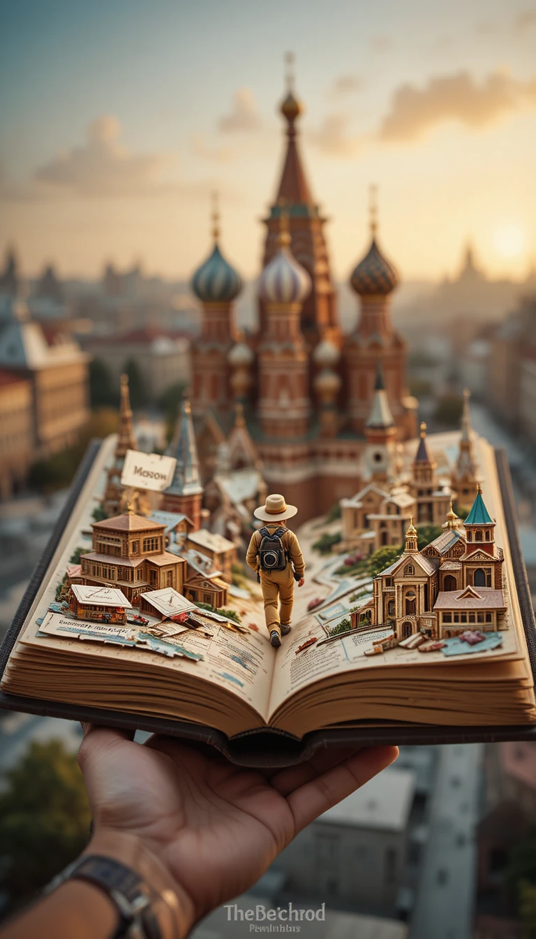 Nahaufnahme eines Vintage-Reisemagazins mit Moskau-Diorama