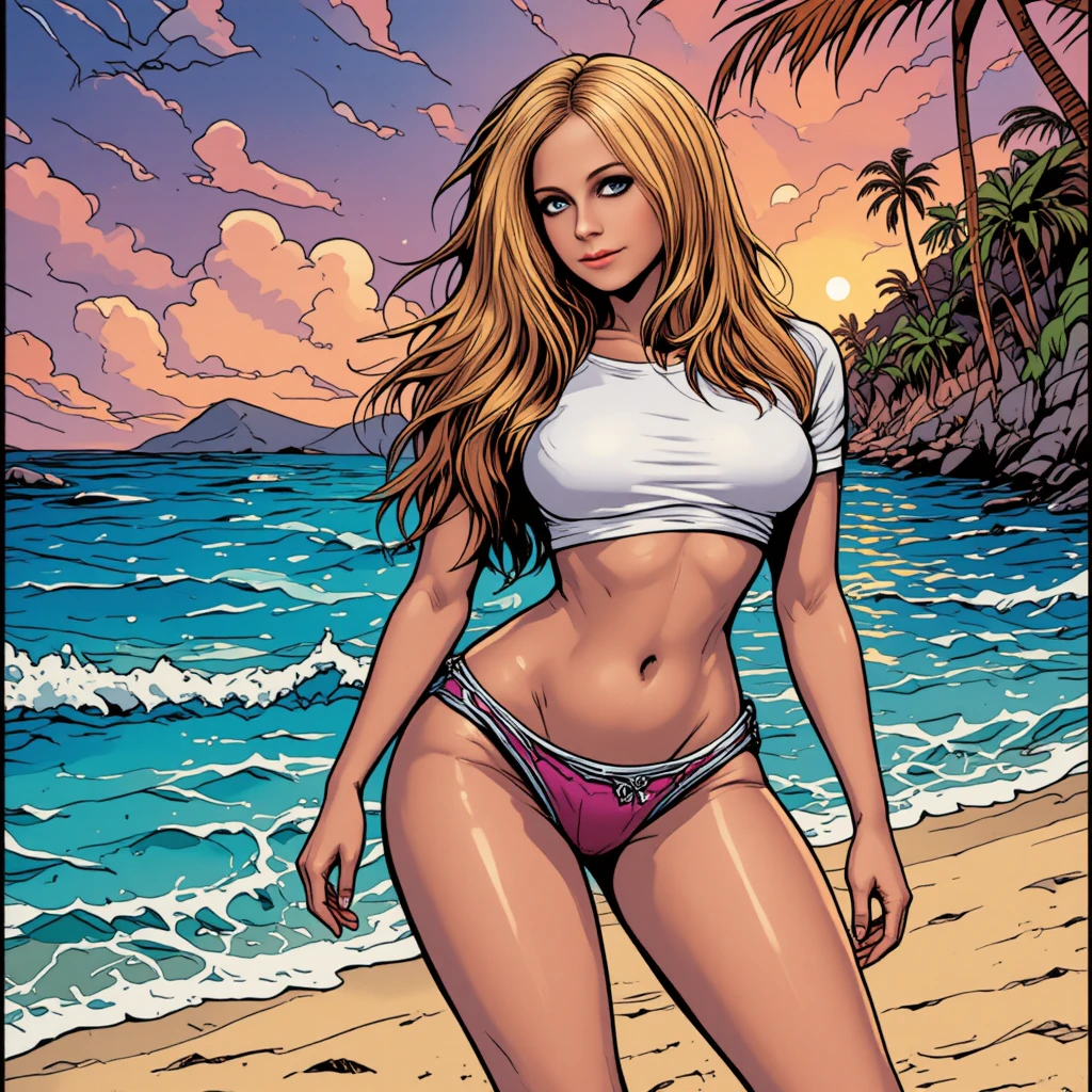 Mulher curvilínea de biquíni e camiseta posando na praia ensolarada