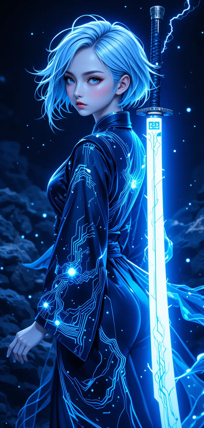 手持天界武士刀與發光雙眼的賽博風動漫少女