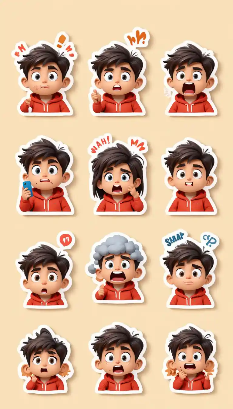 Set di sticker emoji con ragazza cartoon 3D carina con felpa rossa