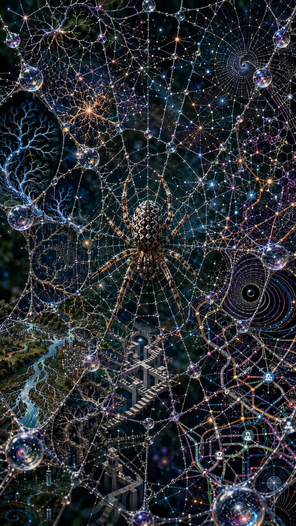 Orb weaver spider in a surreal cosmic web