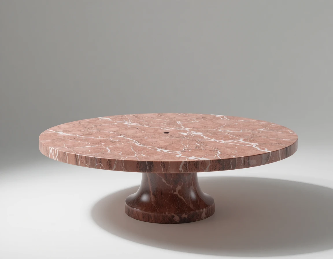 Mesa redonda de mármore rosa com base de madeira em fundo branco
