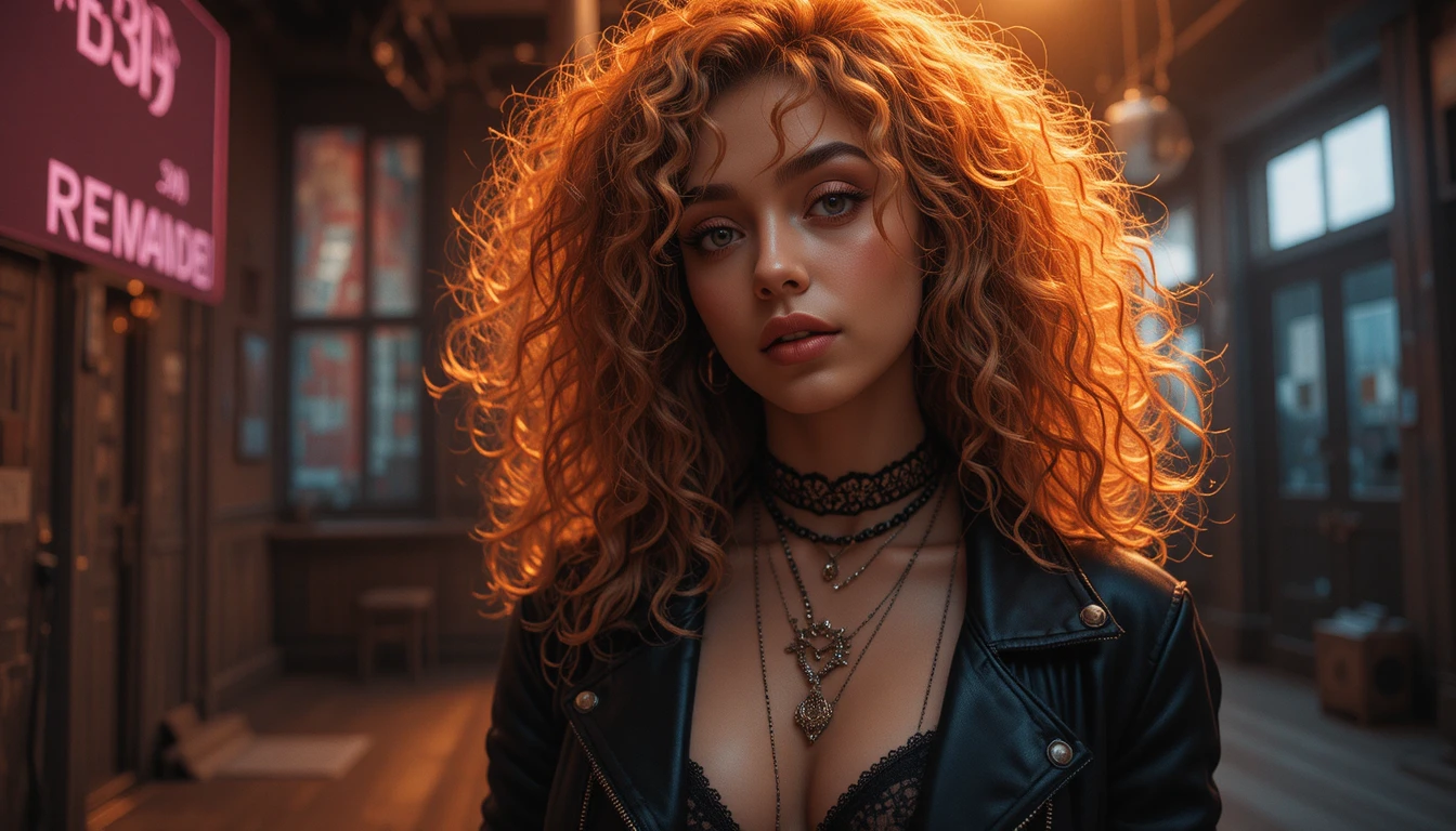 Mulher urbana de cabelos cacheados em retrato de moda em estúdio escuro
