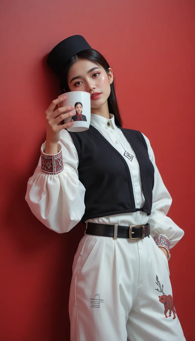 Woman in modern Slavic fashion holding coffee cup close to camera