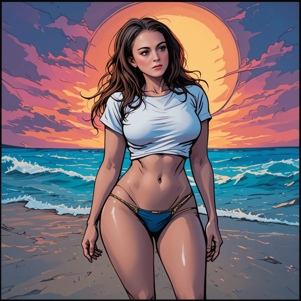 Curvy woman in bikini and t shirt posing on sunny beach