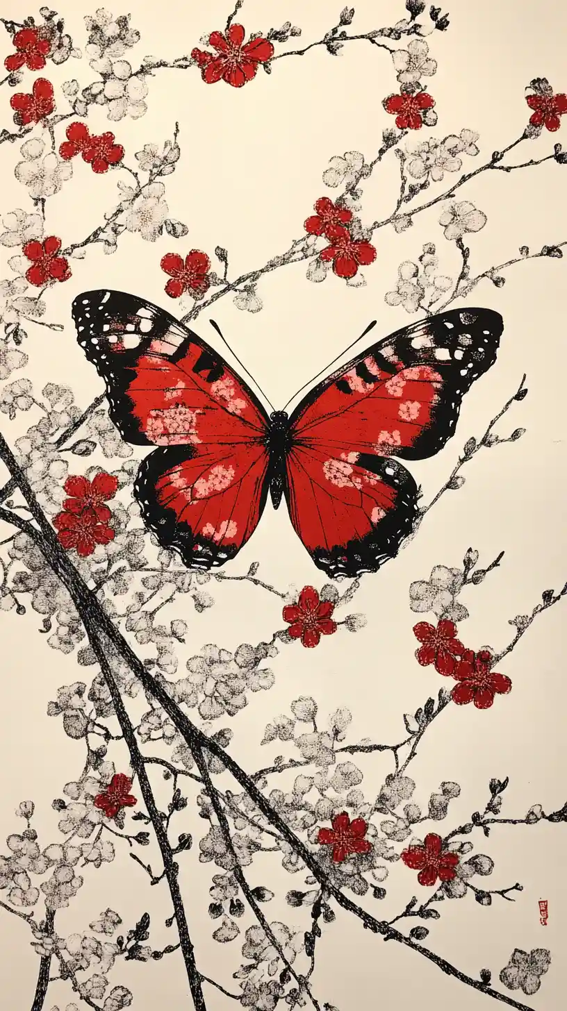 Surreal flowering branches transforming into butterfly wings