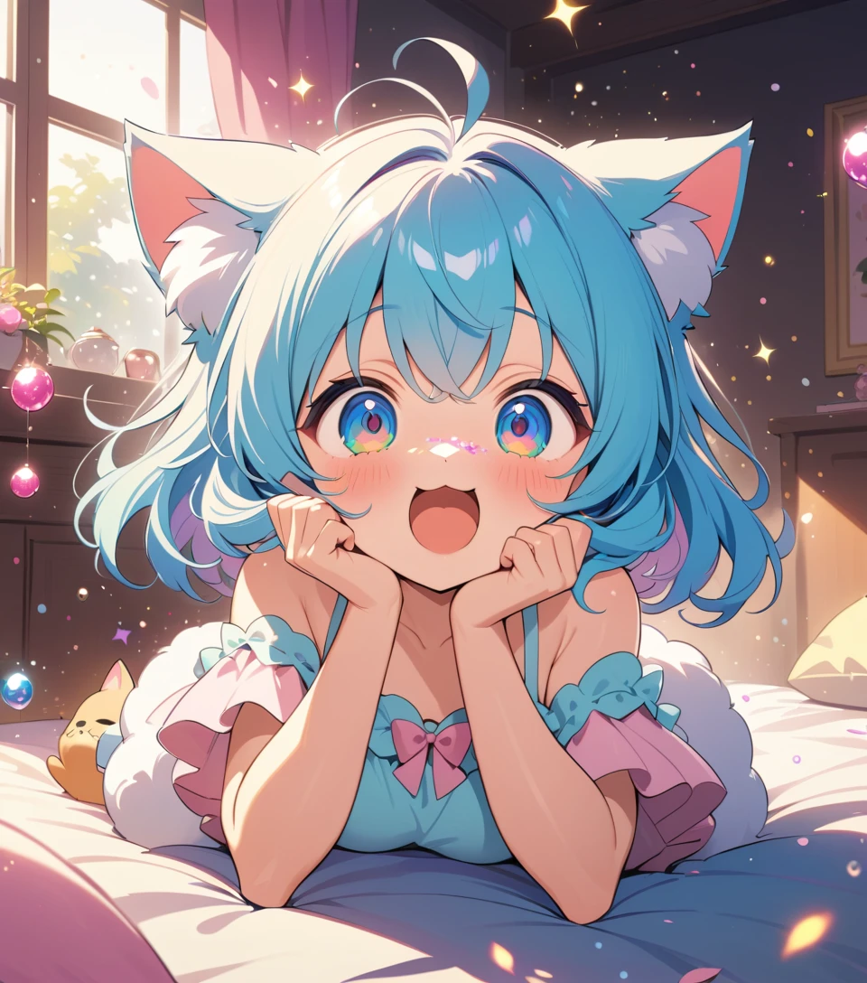 Gatinho fofo de anime espirrando glitter em uma cama aconchegante