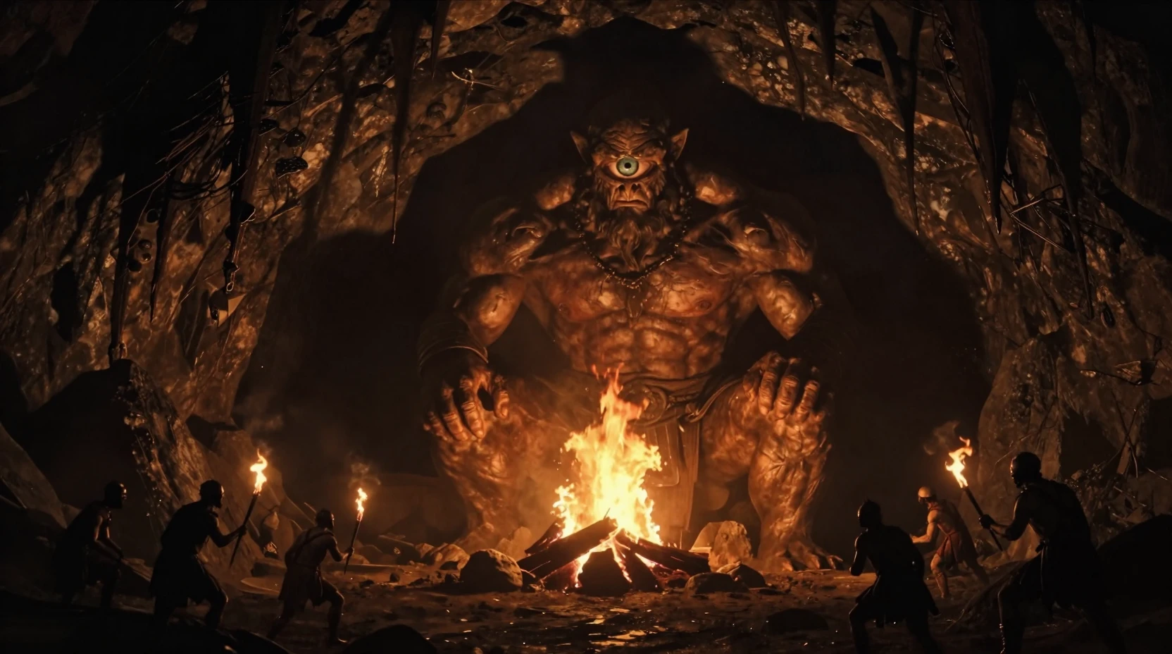 Géant cyclope inquiétant près d’un feu de camp dans une grotte sombre