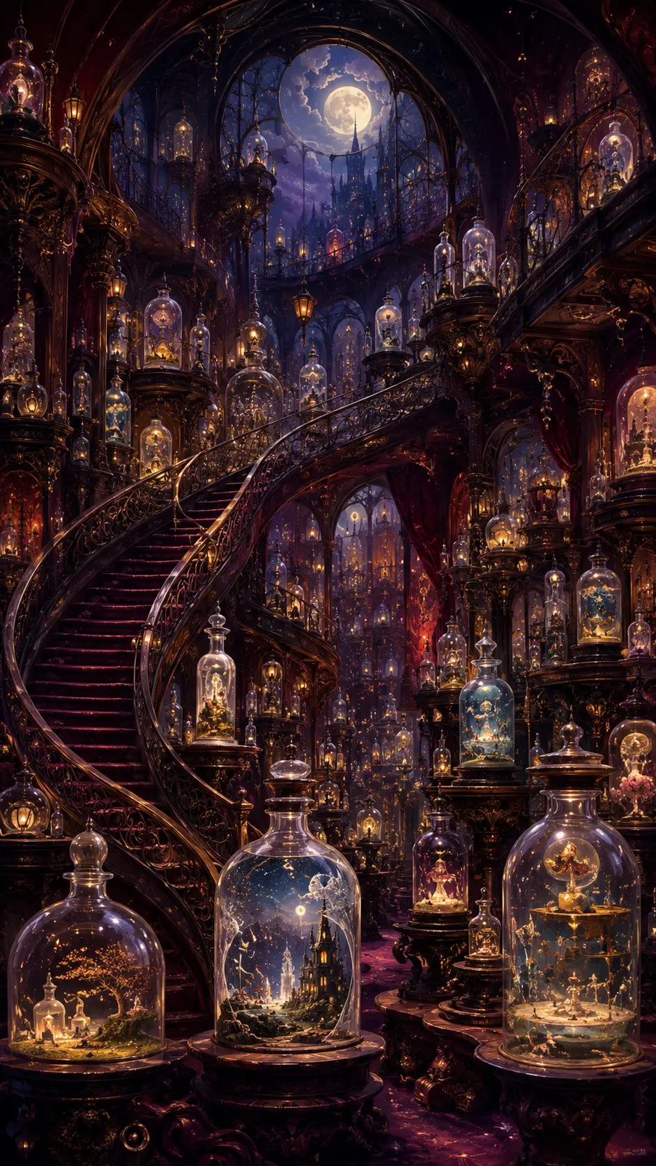 Museo di Bottiglie di Vetro Luminescenti Piene di Mondi Fantastici
