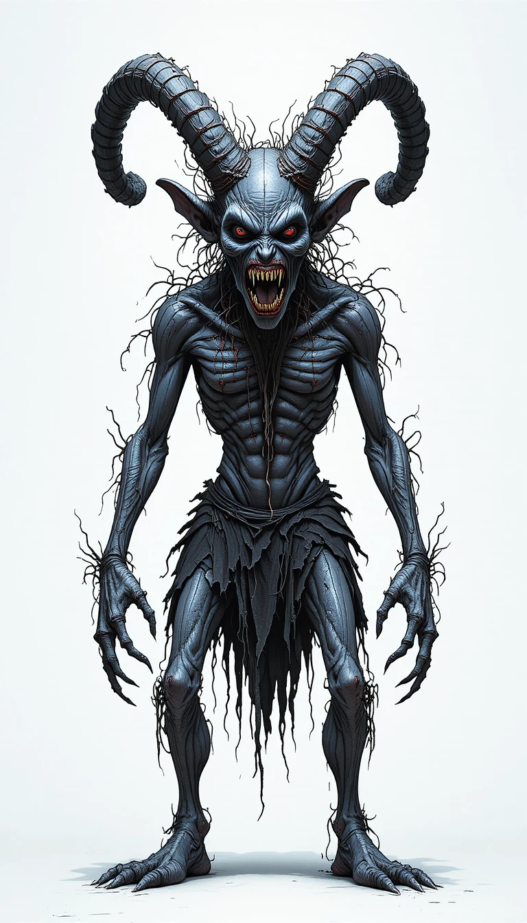 Monstro aterrorizante com chifres em um fundo branco puro