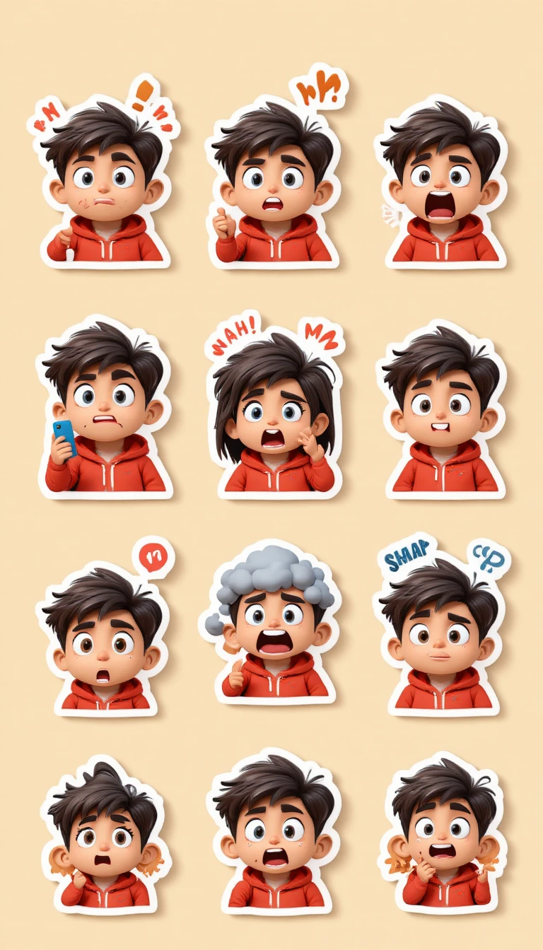 Set di sticker emoji con ragazza cartoon 3D carina con felpa rossa