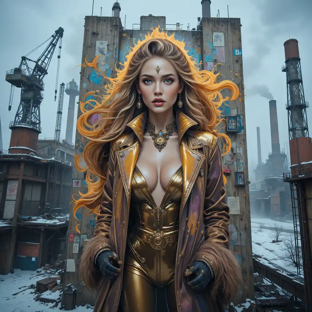 Cyberpunk-Outlaw-Königin als Wandgemälde auf industrieller Megastruktur