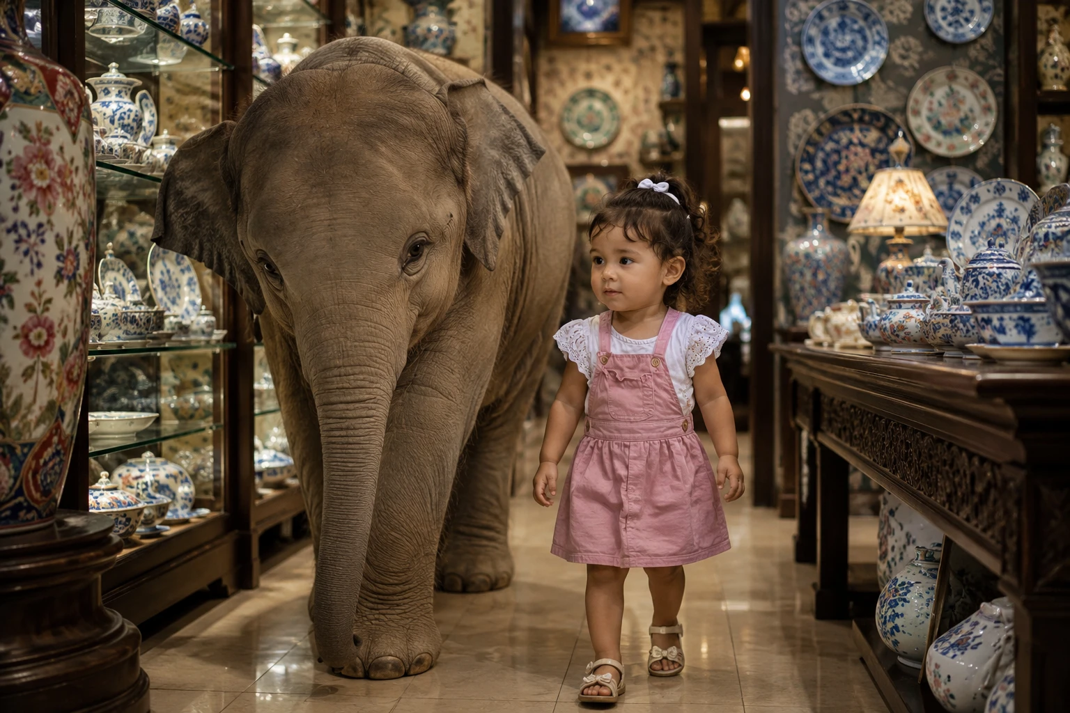 Elefante Caminhando com Menina em Loja de Porcelana
