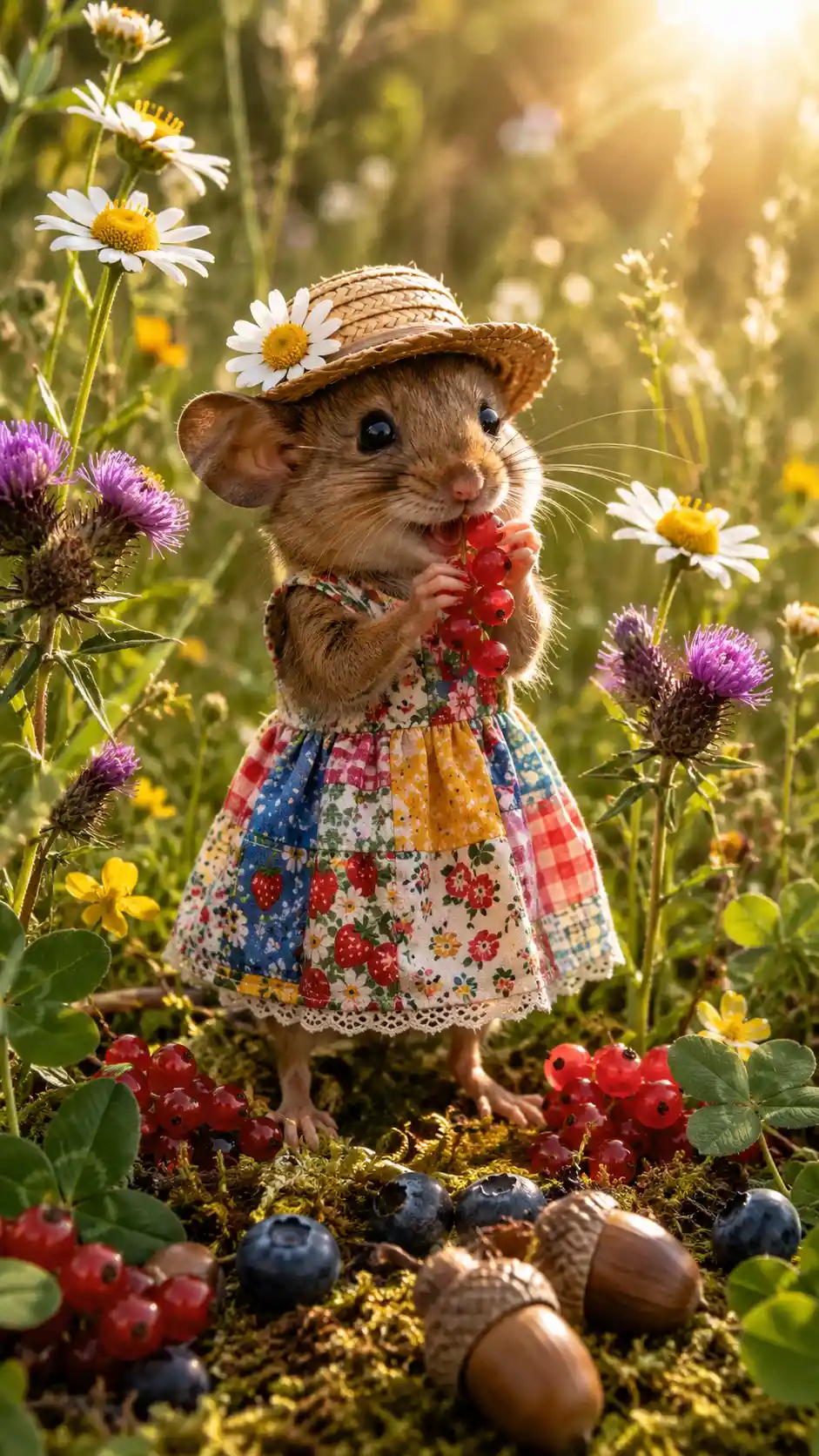 Cute field mouse in a summer meadow holding red currants