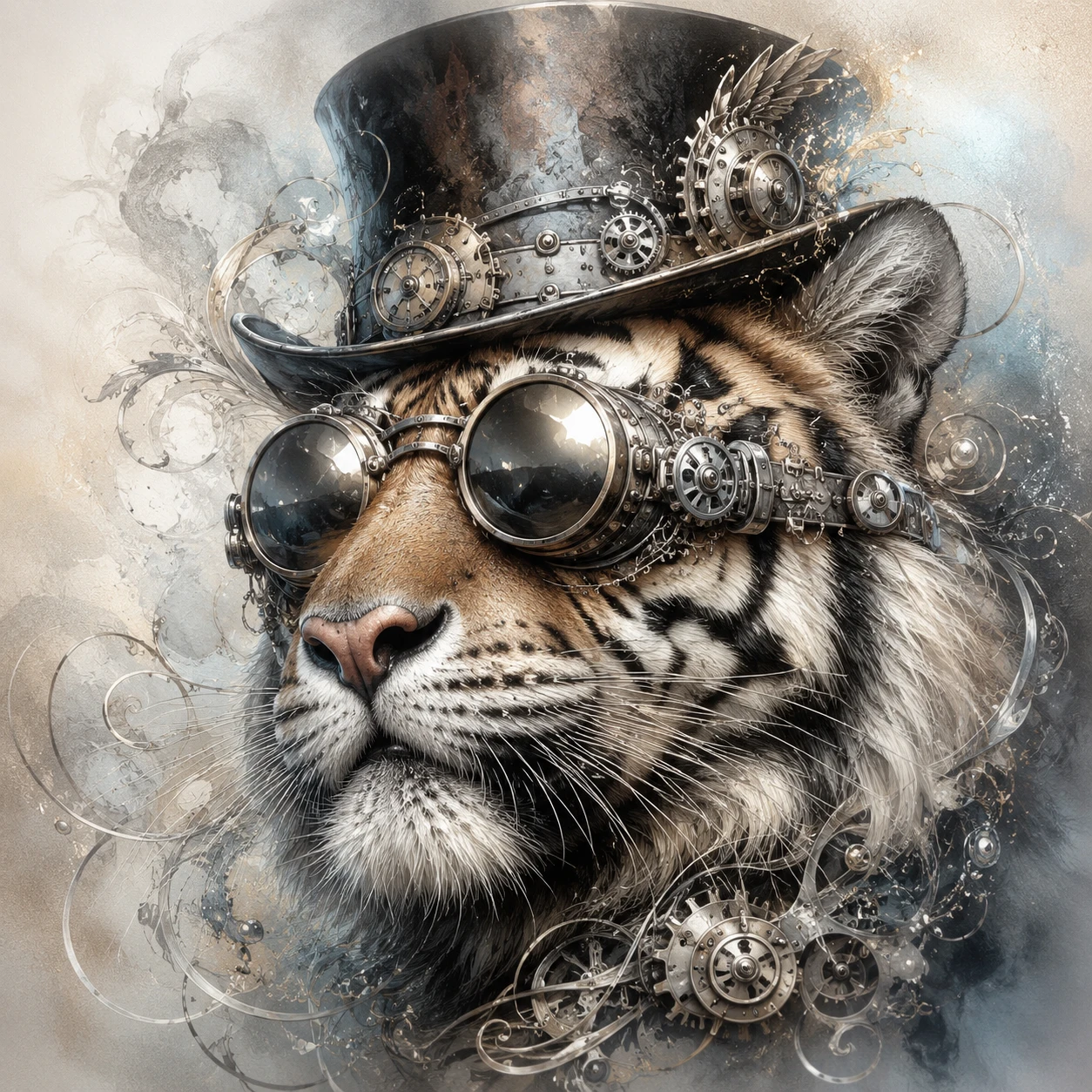 Portrait de tigre steampunk avec haut-de-forme et lunettes métalliques