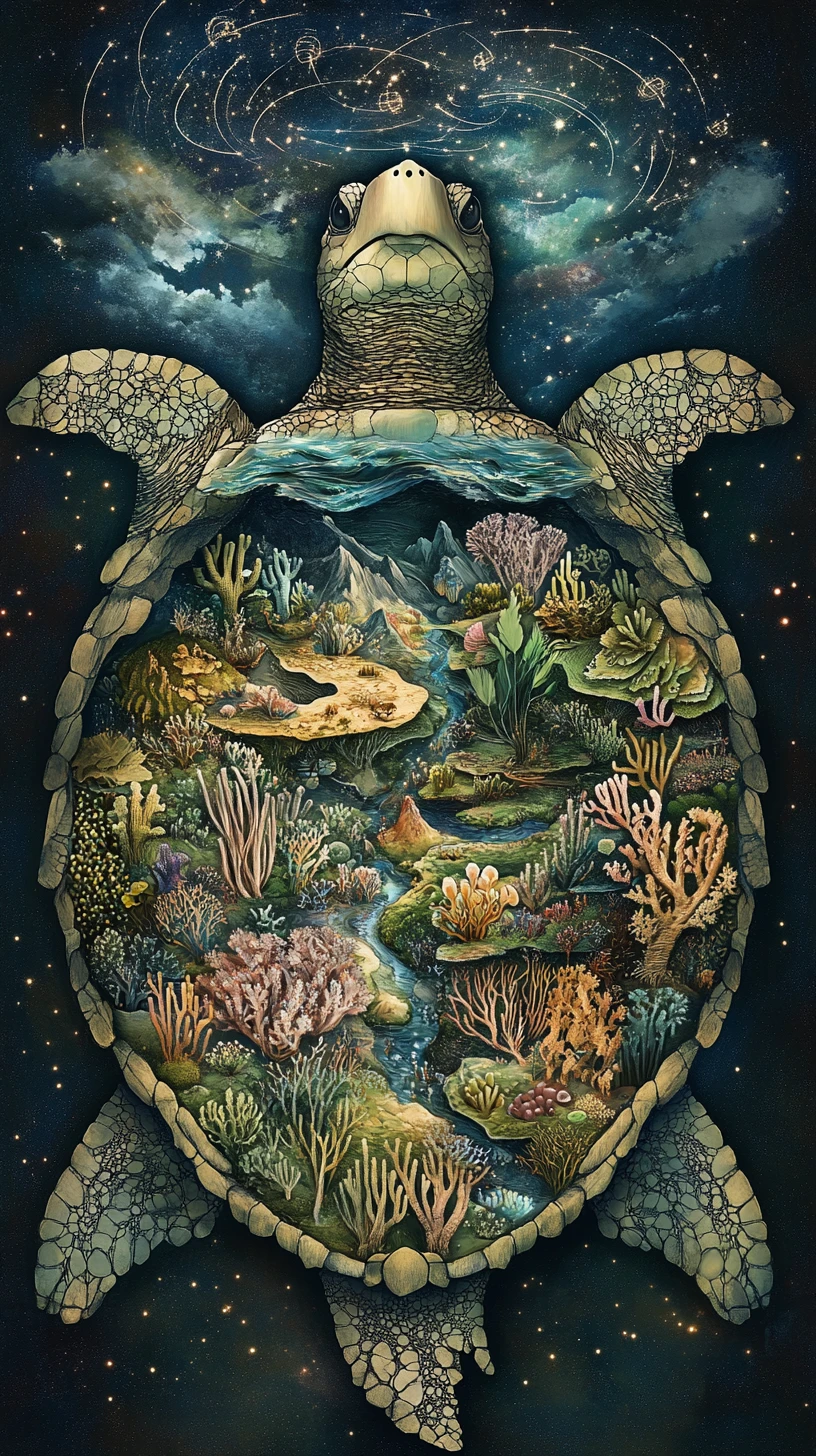 Caparazón de tortuga marina gigante lleno de diminutos mundos surrealistas