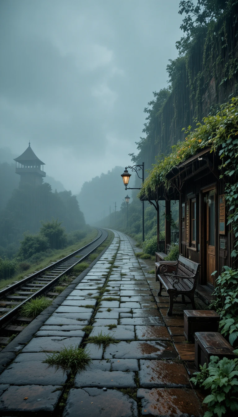Abandoned railway station in rain with misty distant hills