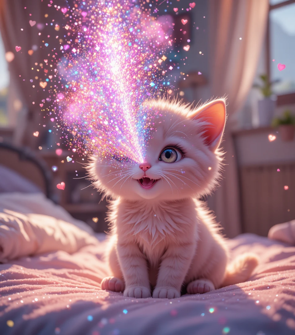 Gatinho fofo de anime espirrando glitter em uma cama aconchegante