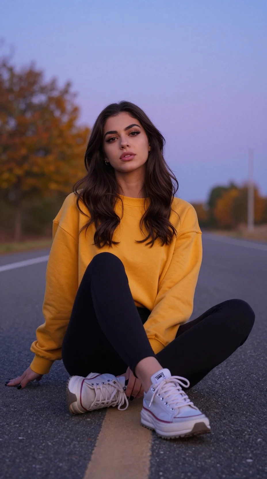 Jovem sentada de pernas cruzadas em uma estrada de outono