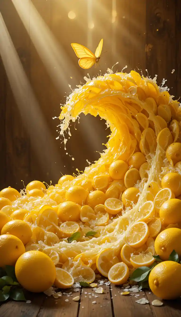 Surreal Lemon Wave With Glowing Butterfly On Wood