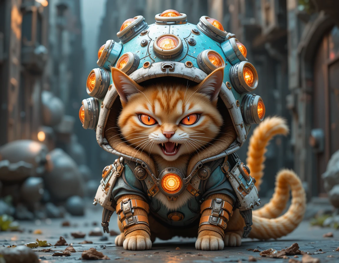 Gato malhado de anime feroz com jaqueta tática ciano com capuz