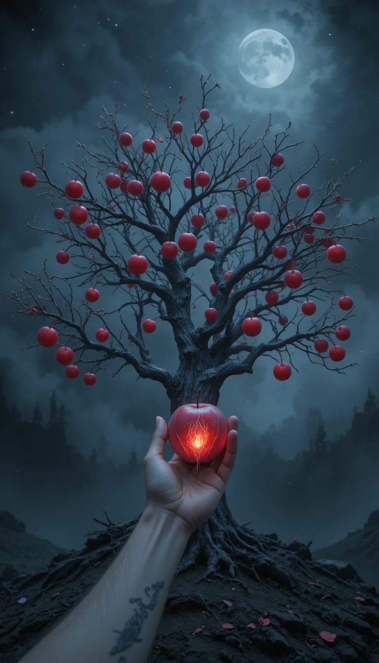 Hand greift nach leuchtendem roten Apfel an silbernem Baum