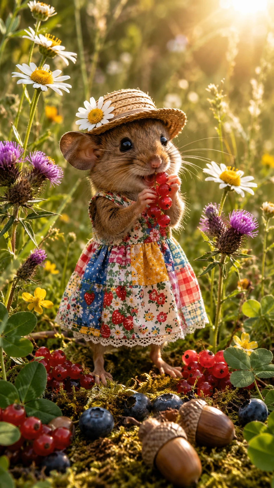 夏の草原で赤いフサスグリを抱えるかわいい野ネズミ