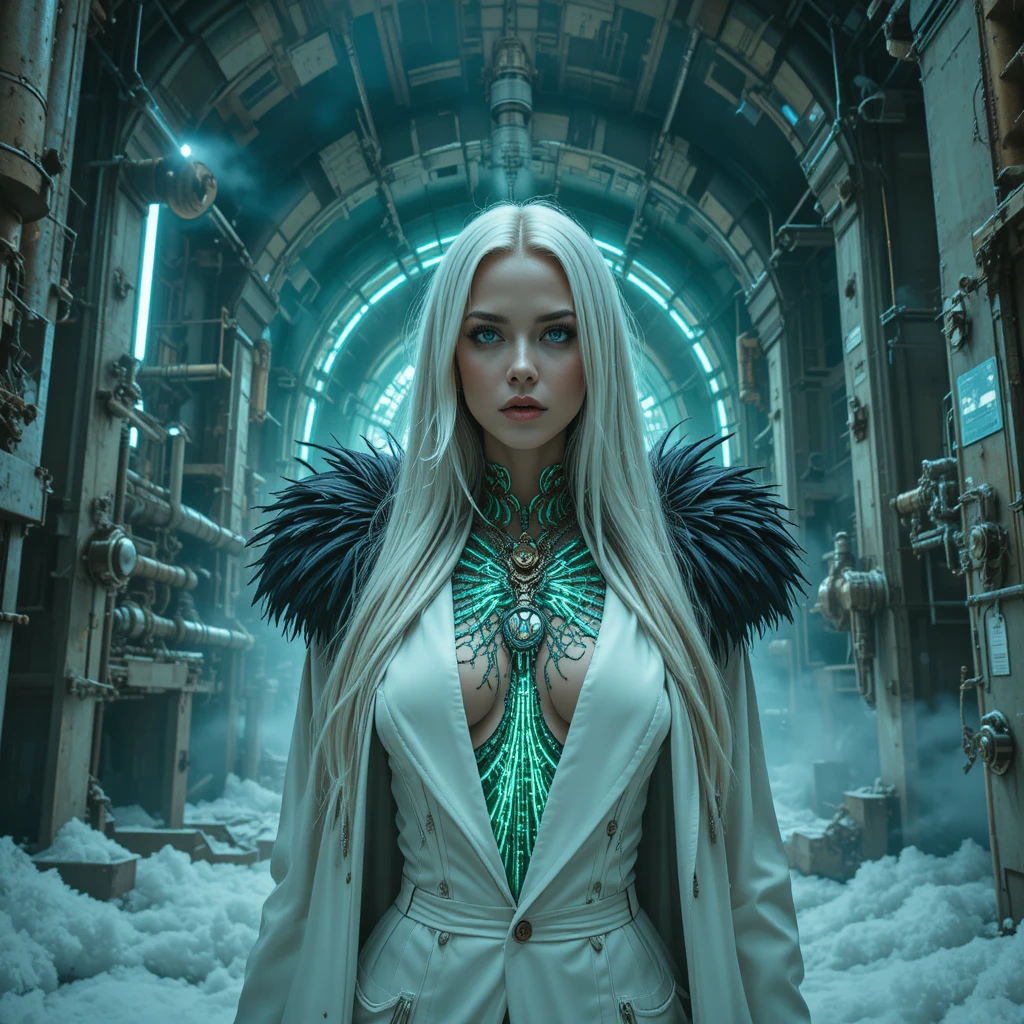 Femme fatale cyberpunk in una cattedrale di reattore industriale ghiacciato