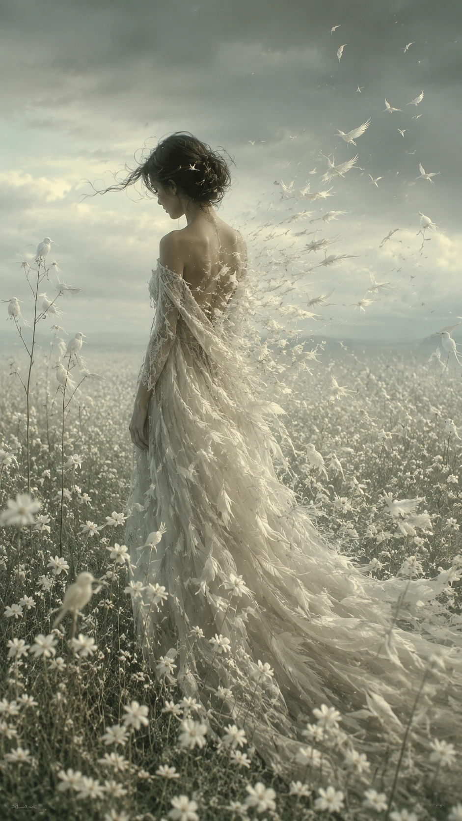 Mulher em um infinito campo de flores silvestres brancas com penas flutuando