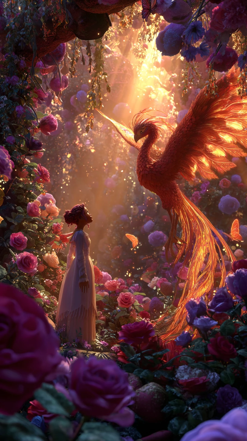Majestic woman with phoenix in a whimsical rose garden