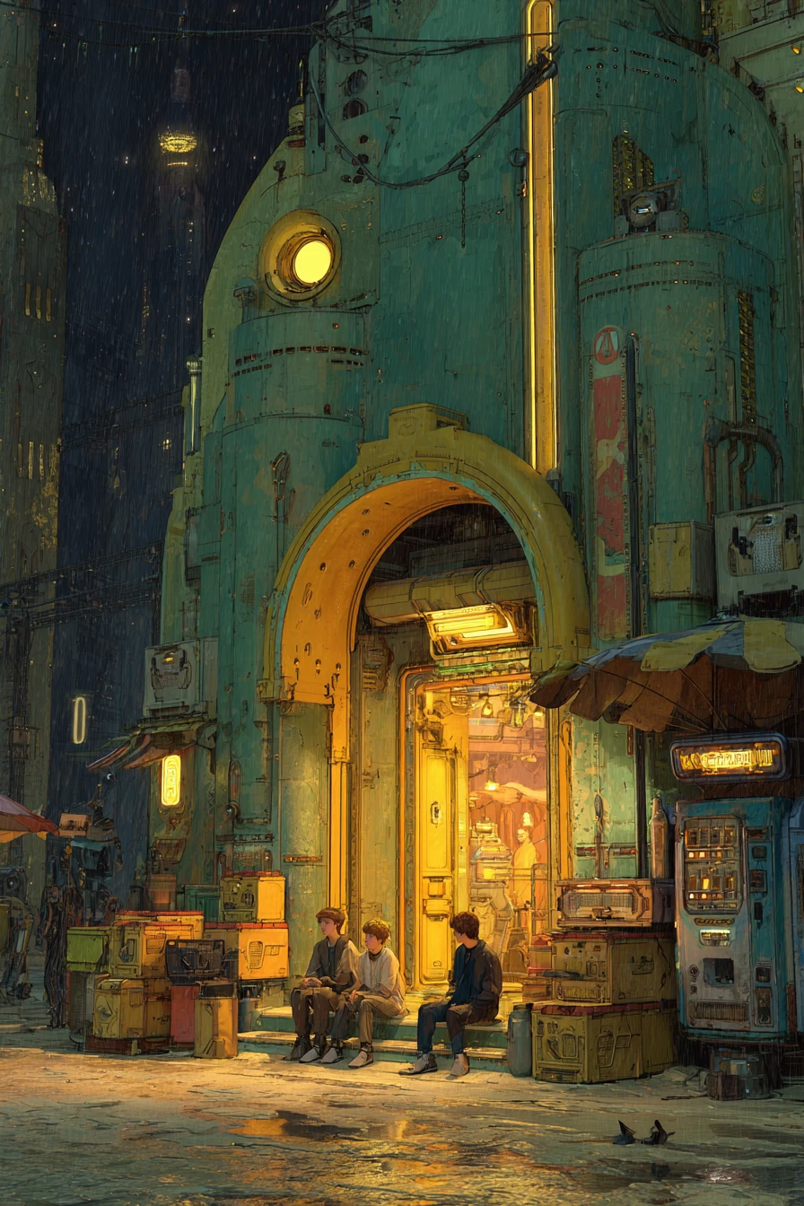 Three boys resting by a glowing art deco city storefront