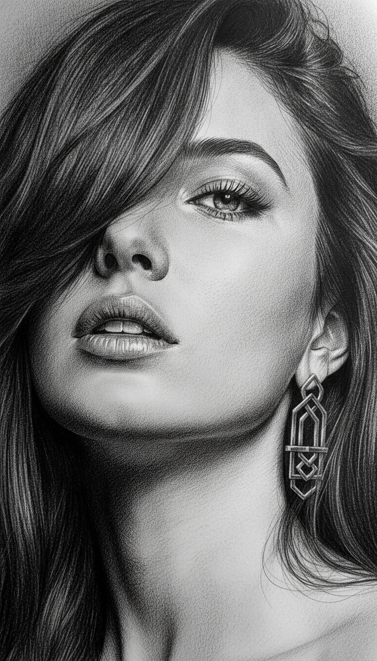 Graphite portrait of a mysterious girl in close up