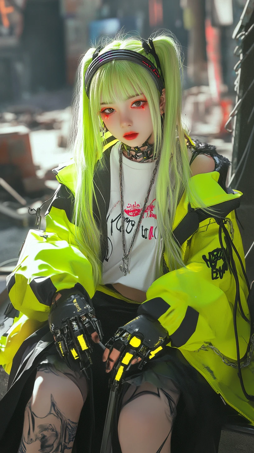 Anime girl resting on a bench in ruined city