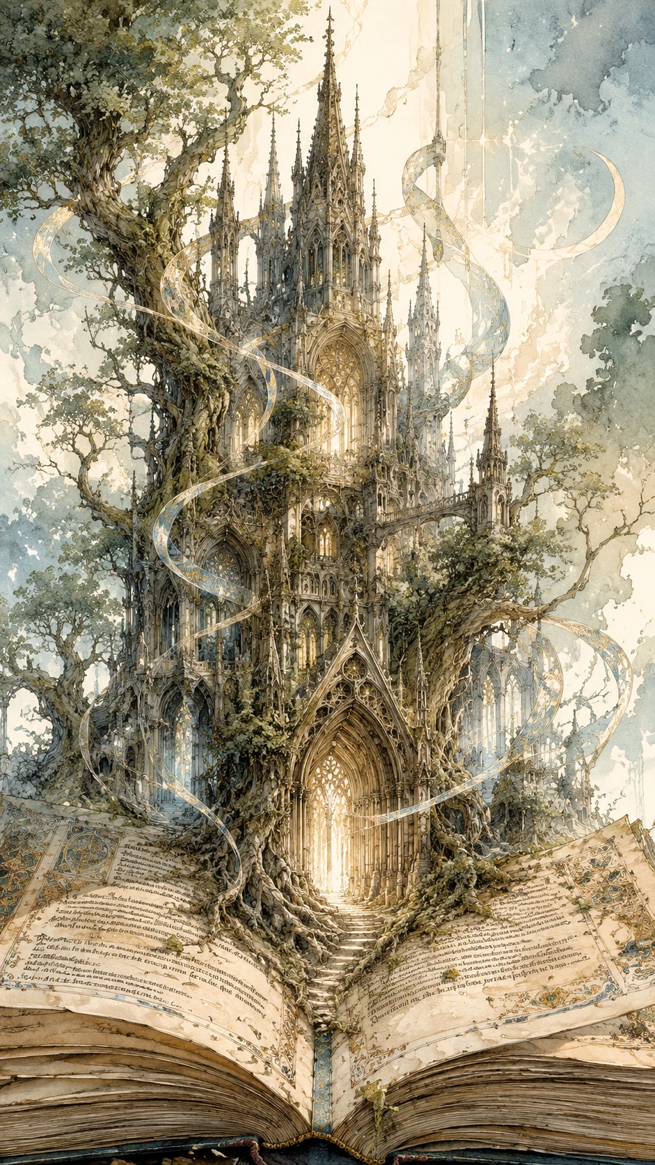 Fantasy cathedral rising from an ancient illuminated manuscript