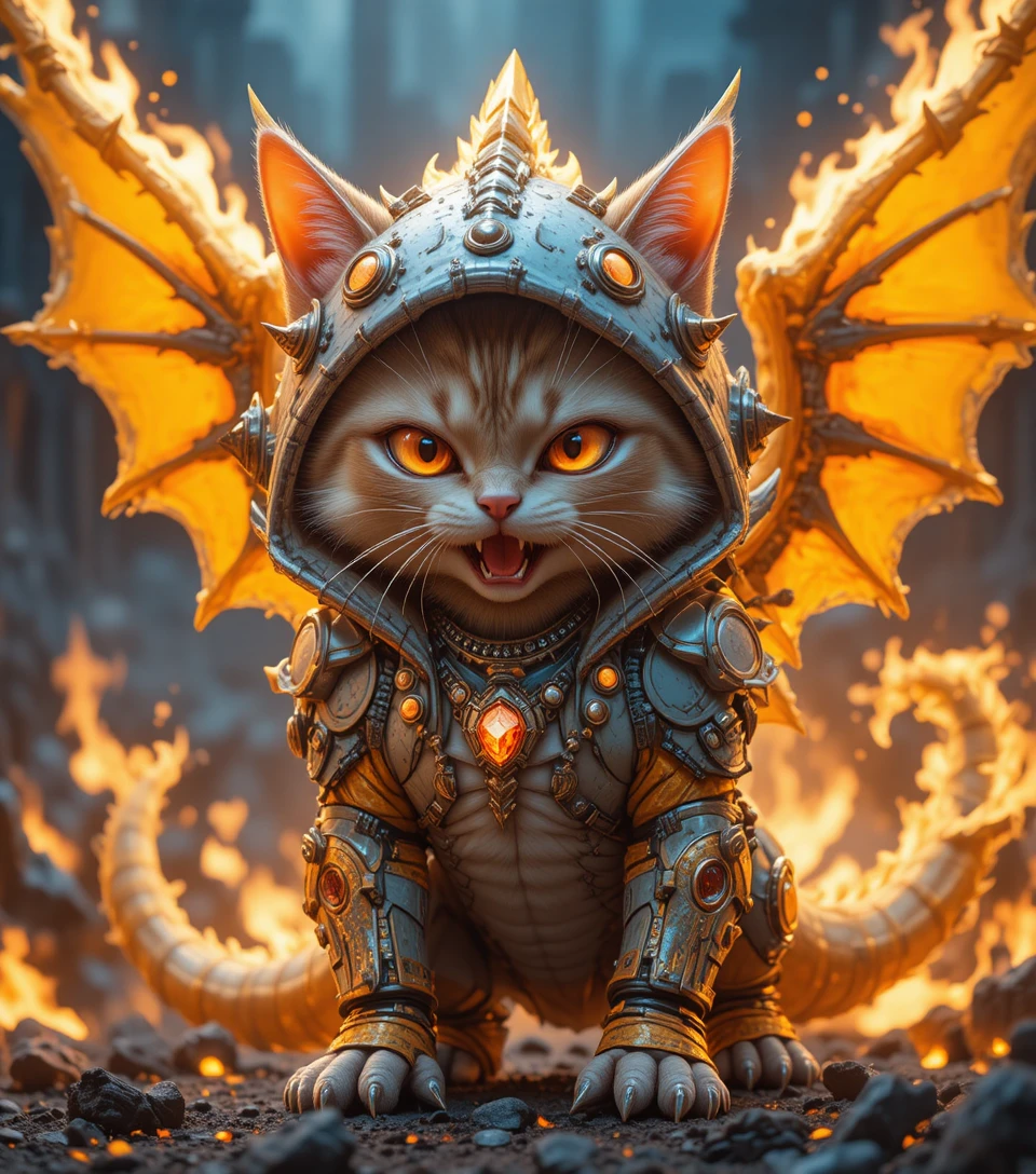 Fierce anime cat with dragon wings in blazing firestorm