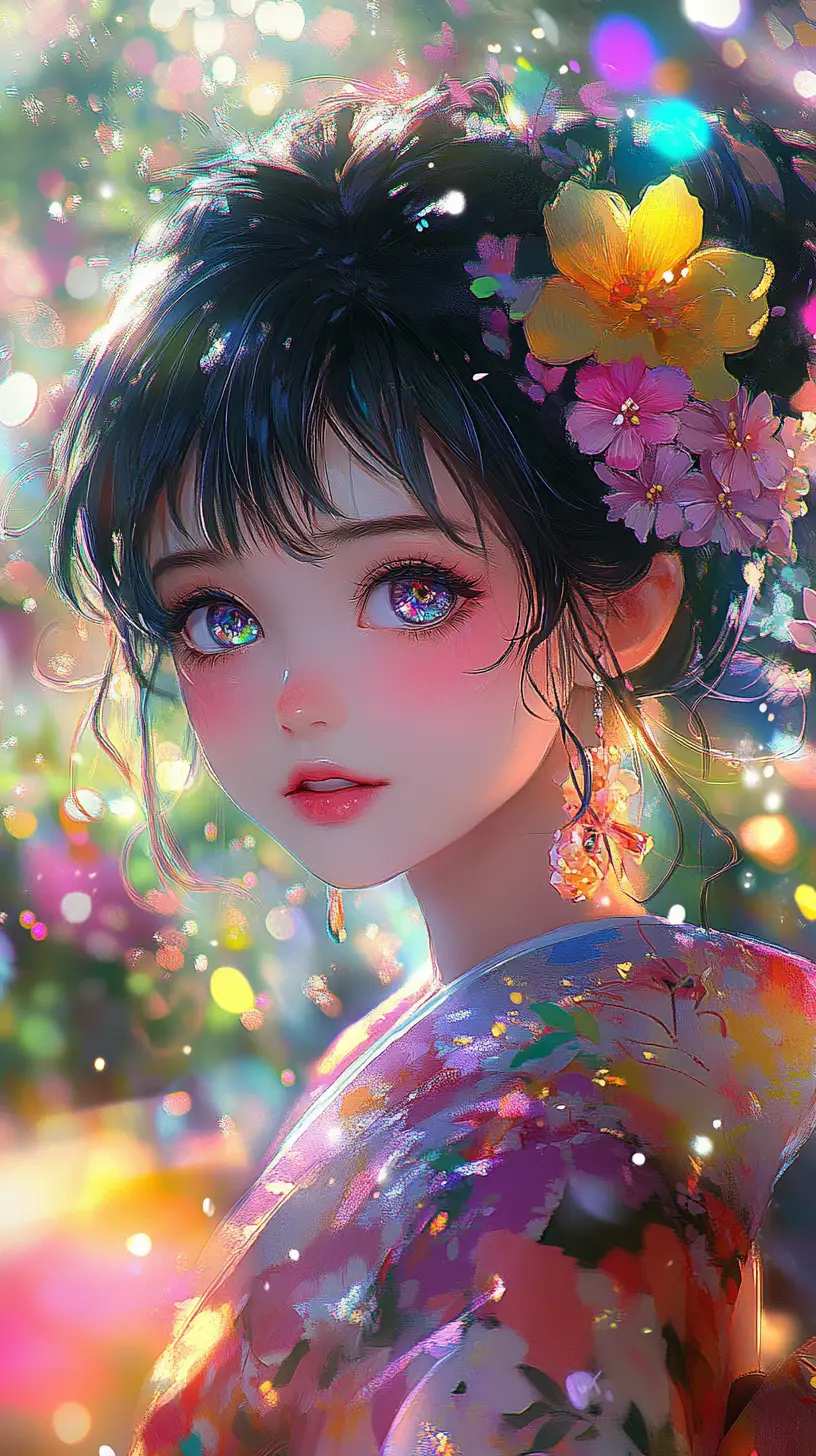 花卉和服的動漫女孩與發光奇幻花朵