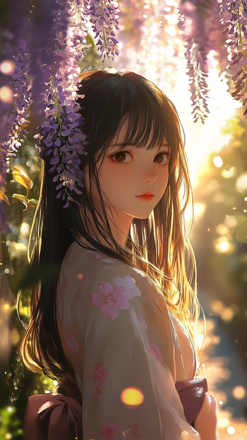 發光紫藤花下的和服動漫少女