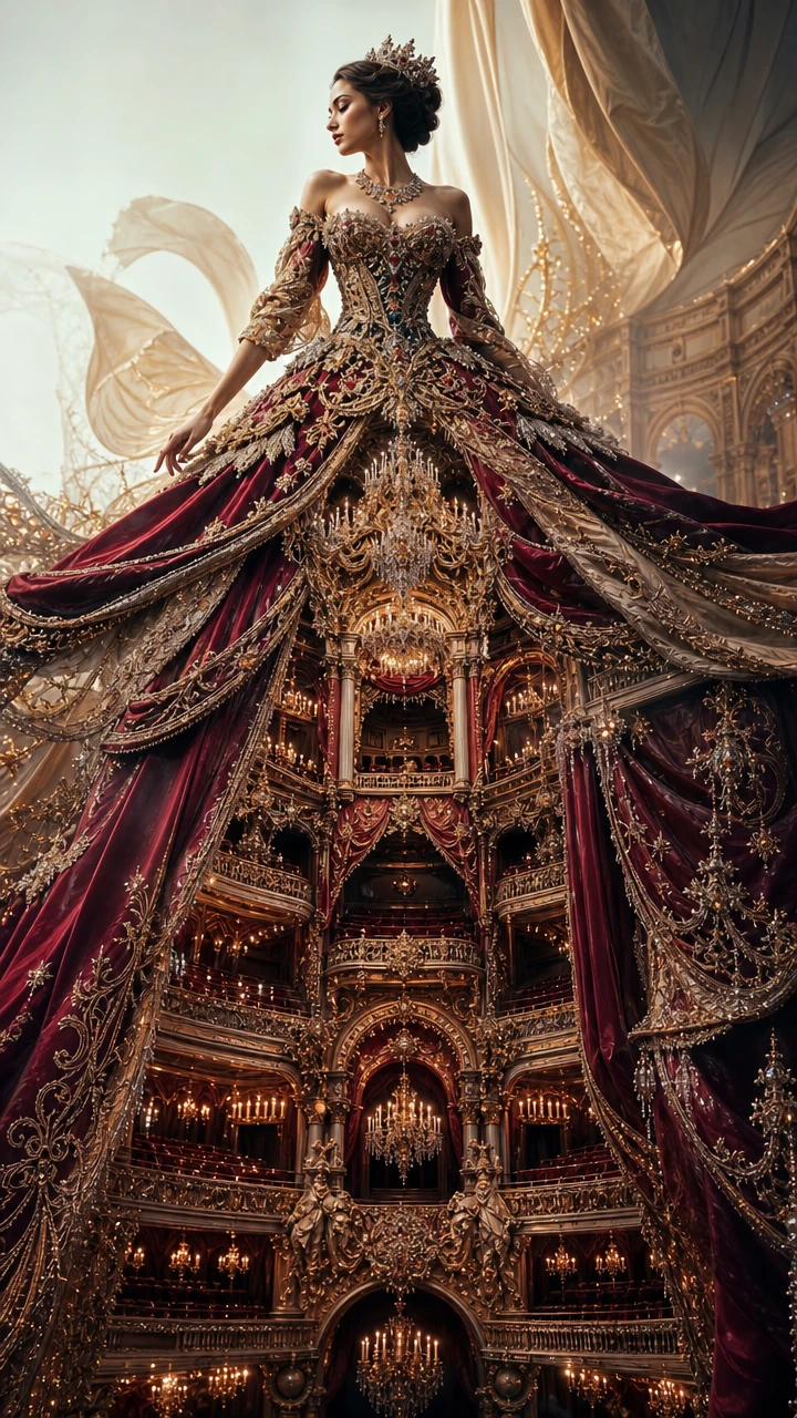 Vestido de baile couture surreal fundido com arquitetura de casa de ópera