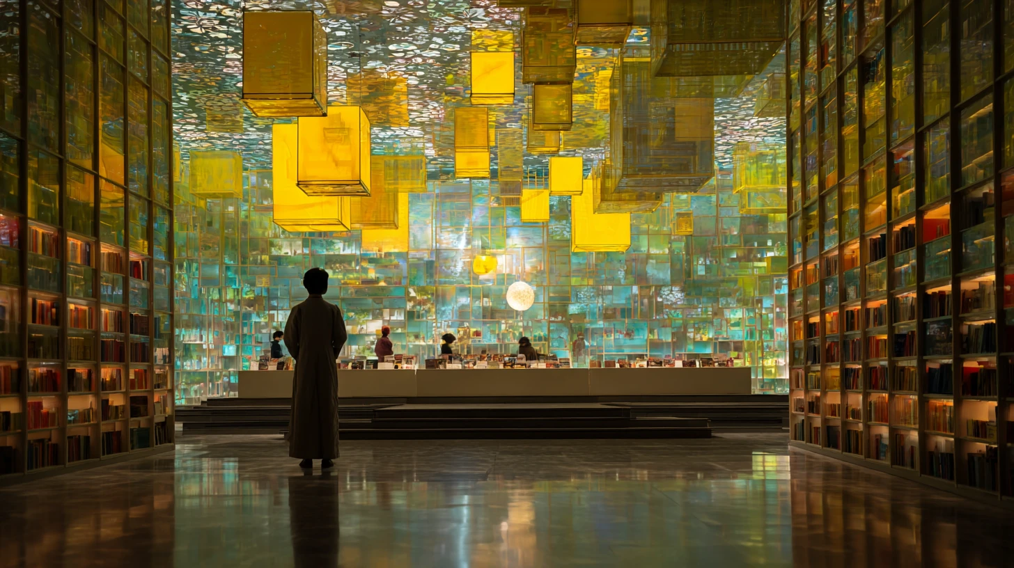 Biblioteca Surreal de Atlântida com Livros Antigos e Telas de Holograma