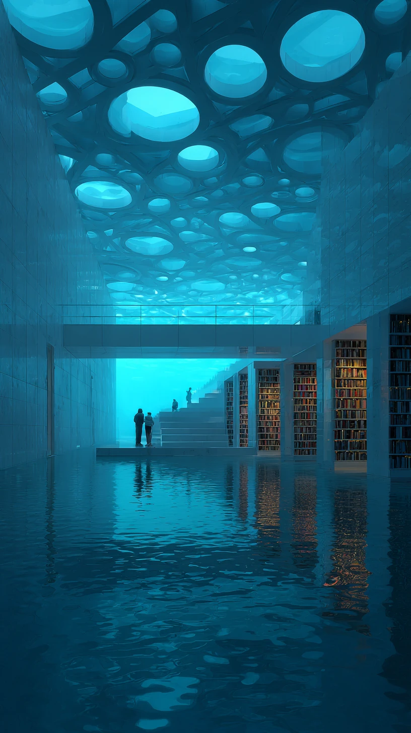 Biblioteca atlante surreal com livros e arquivos holográficos